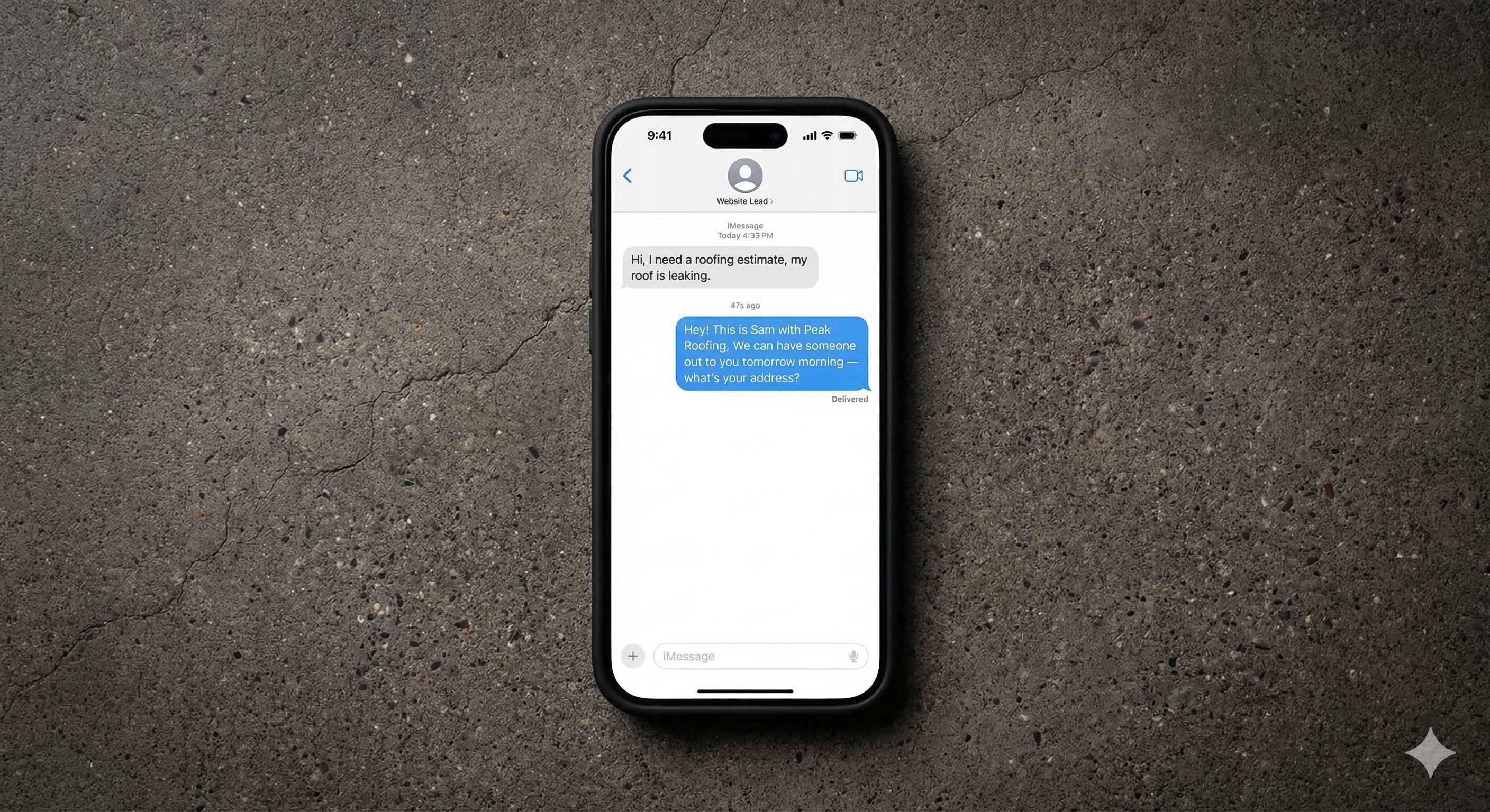 Sam AI SMS conversation showing 47 second response time